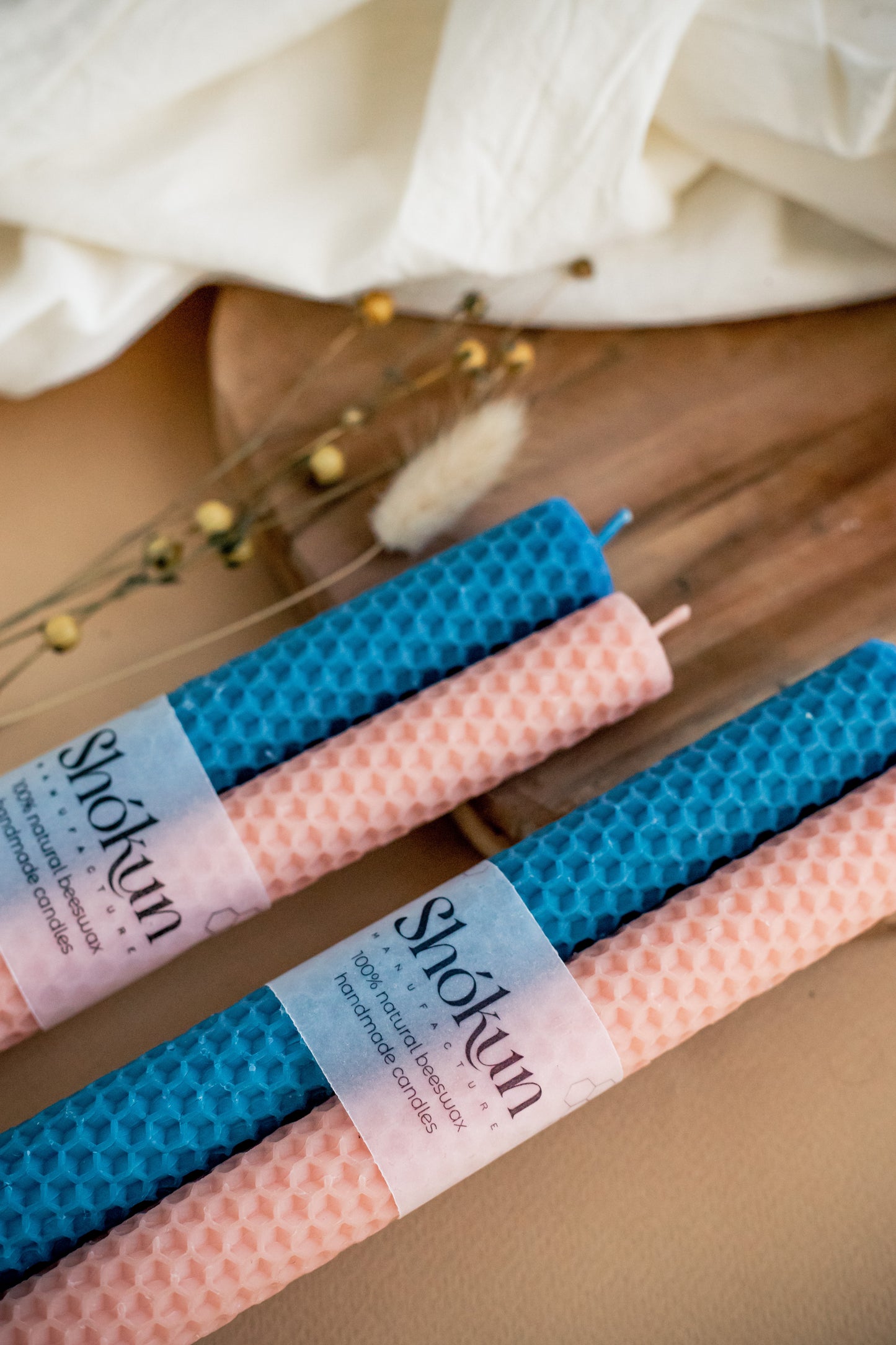 Peach&Sea Blue Beeswax Rolled Taper Candles