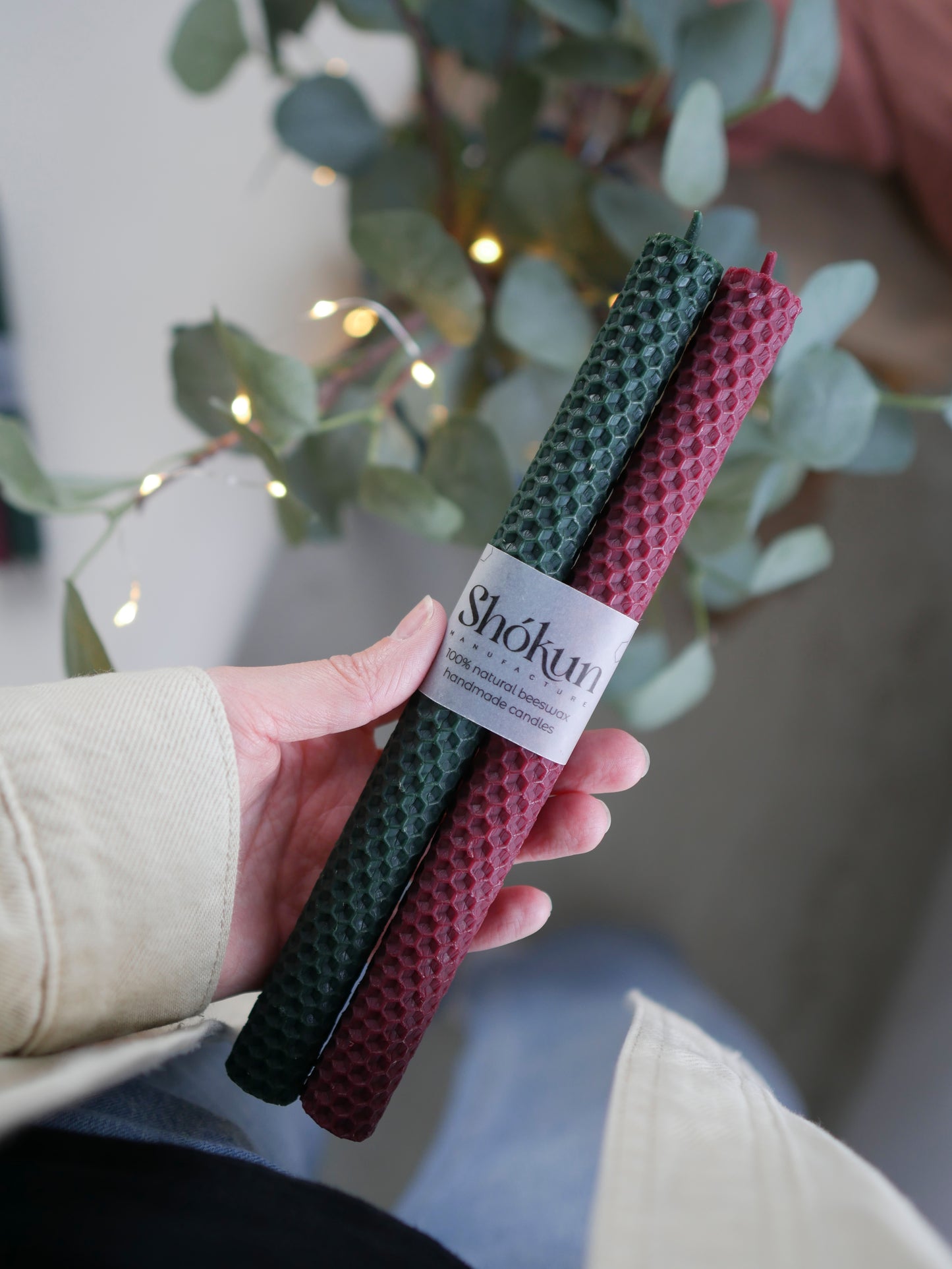 Green&Red Christmas Beeswax Rolled Taper Candles