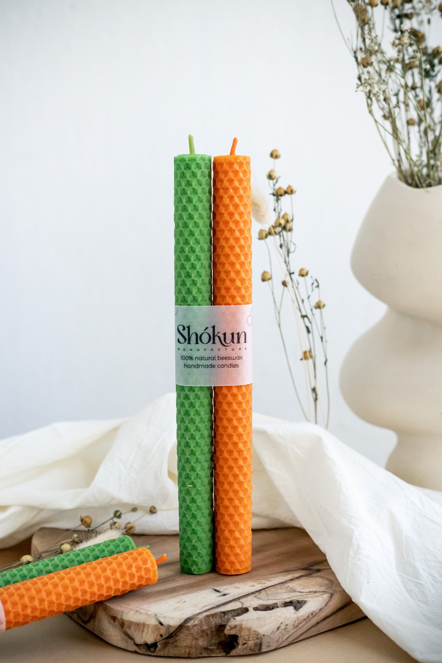 Orange & Green Beeswax Rolled Taper Candles