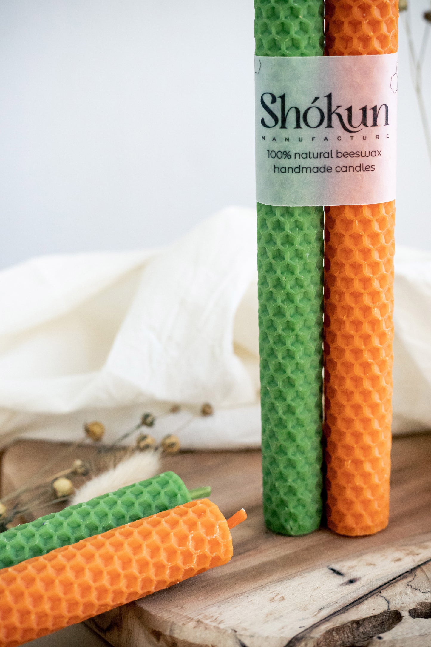 Orange & Green Beeswax Rolled Taper Candles