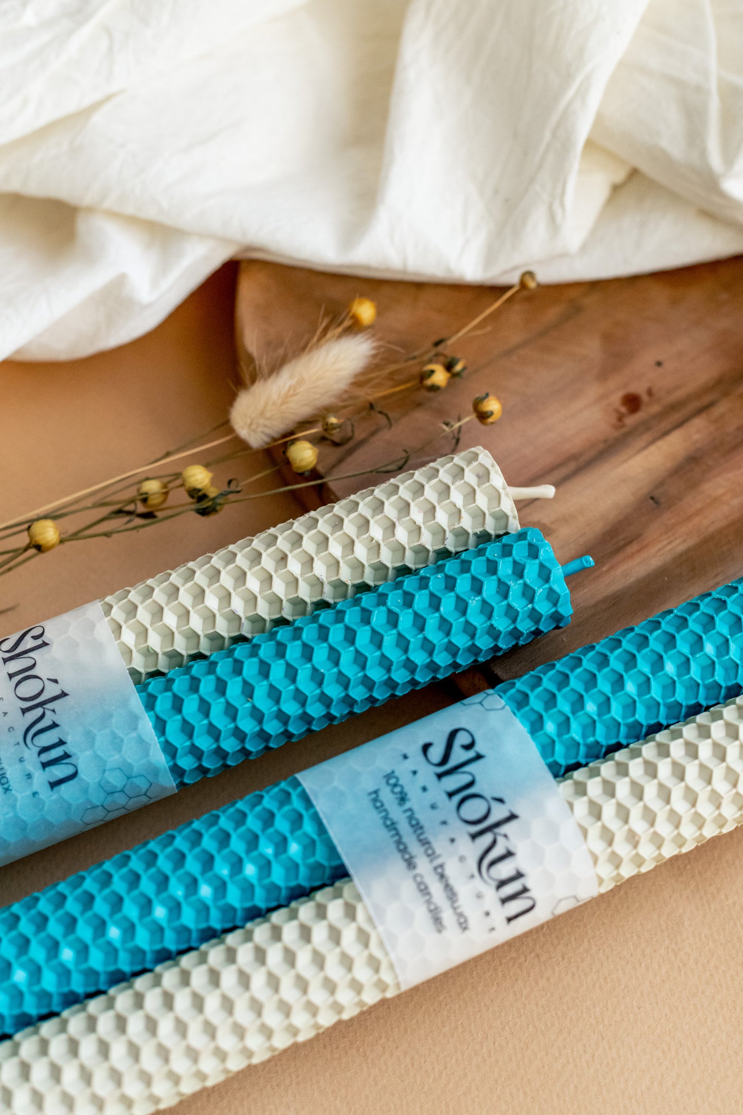 Turquoise&Cream Beeswax Rolled Taper Candles