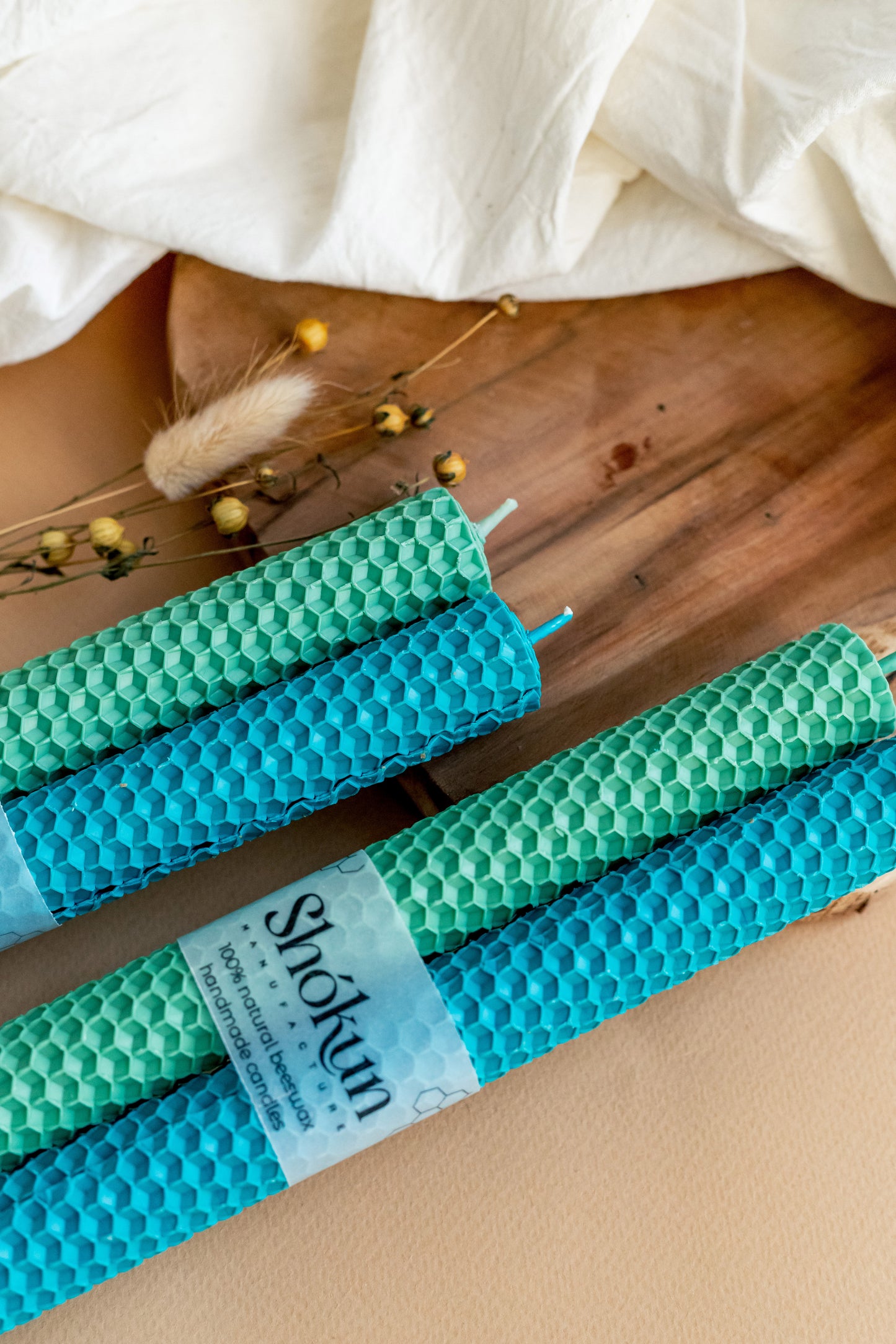 Turquoise&Mint Beeswax Rolled Taper Candles