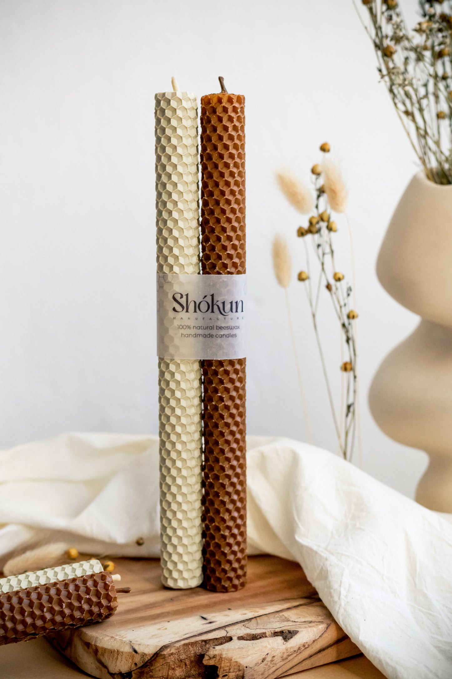 Cream&Brown Beeswax Rolled Taper Candles