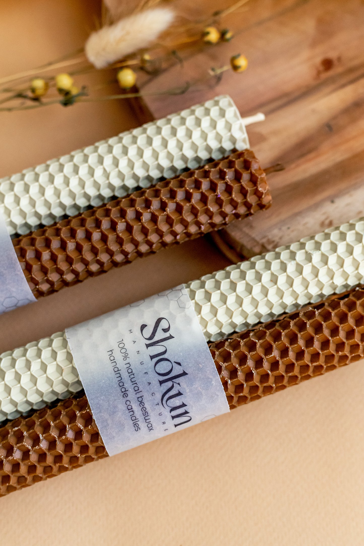 Cream&Brown Beeswax Rolled Taper Candles