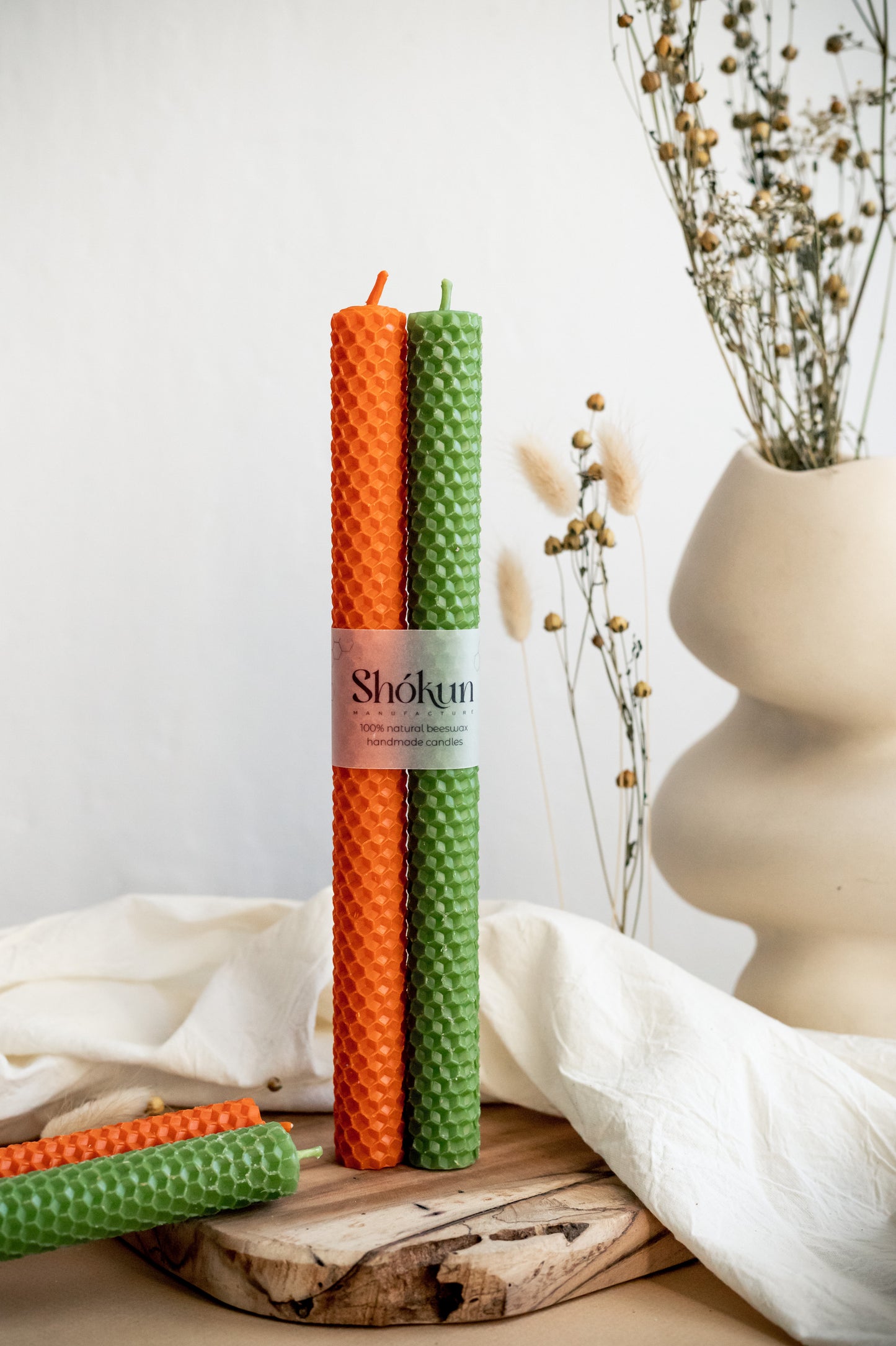 Orange&Green Beeswax Rolled Taper Candles