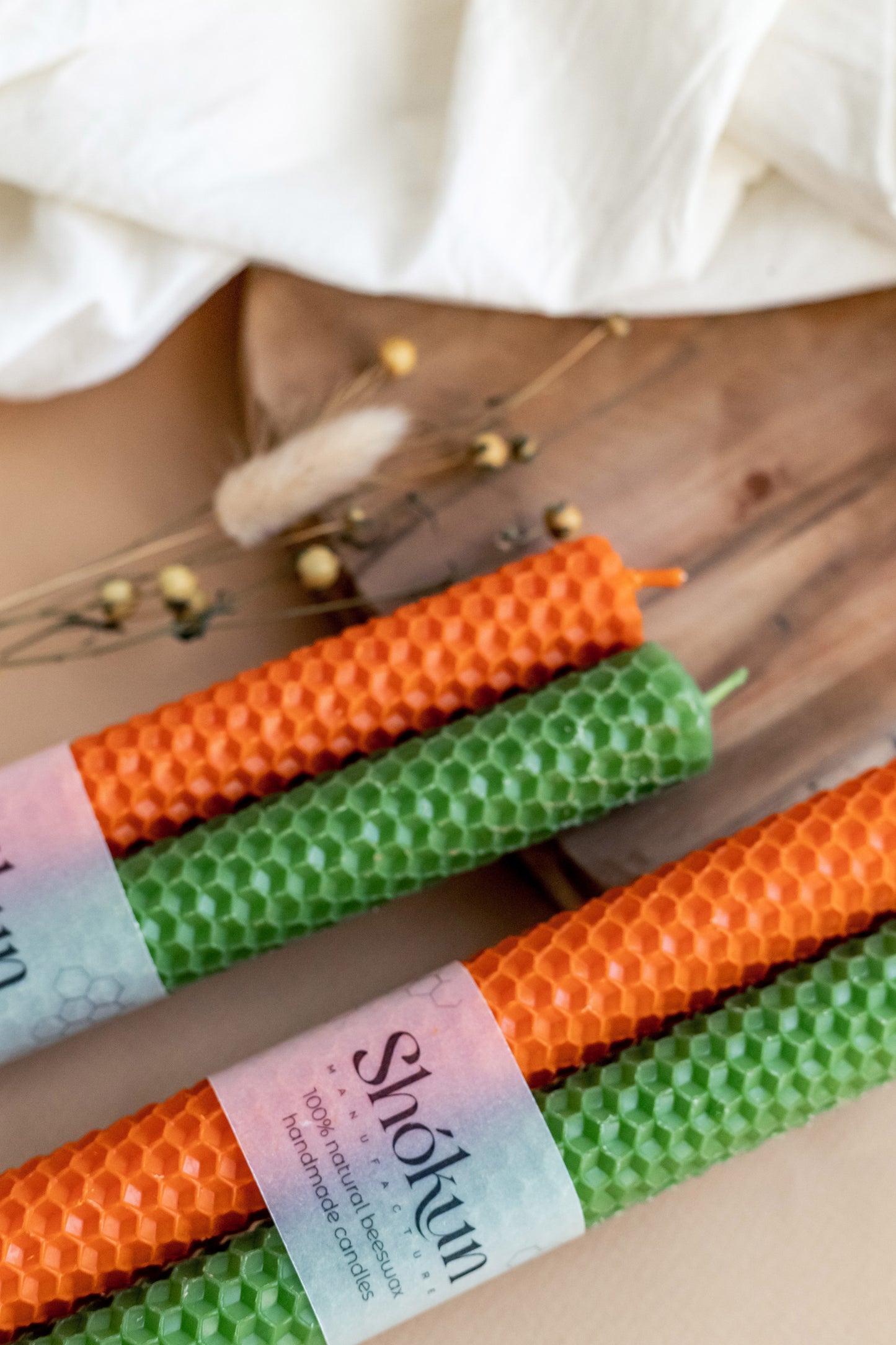 Orange&Green Beeswax Rolled Taper Candles