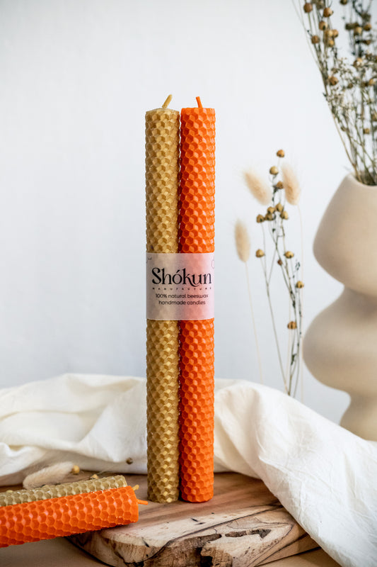 Orange&Gold Beeswax Rolled Taper Candles