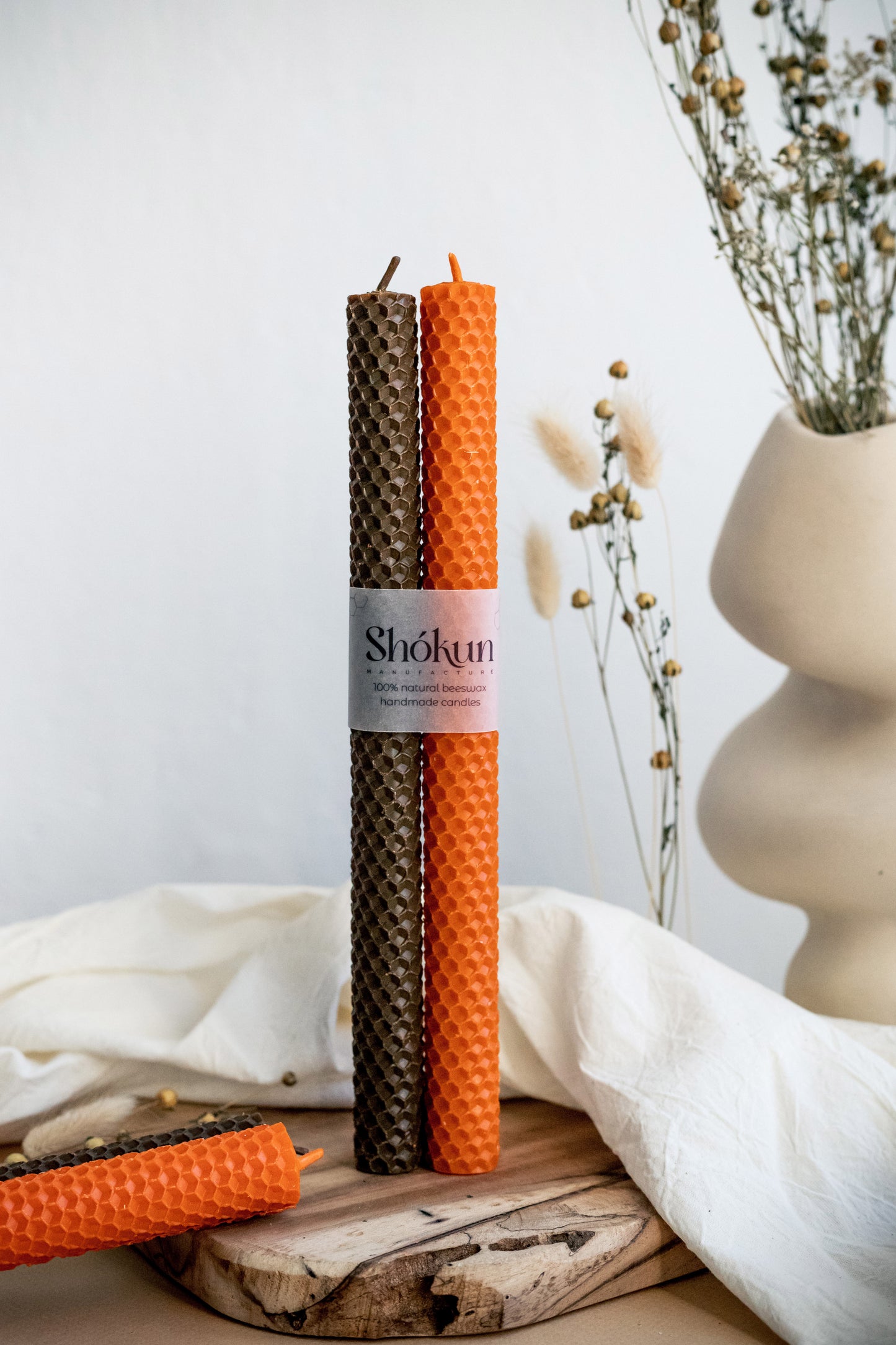 Orange&Brown Beeswax Rolled Taper Candles