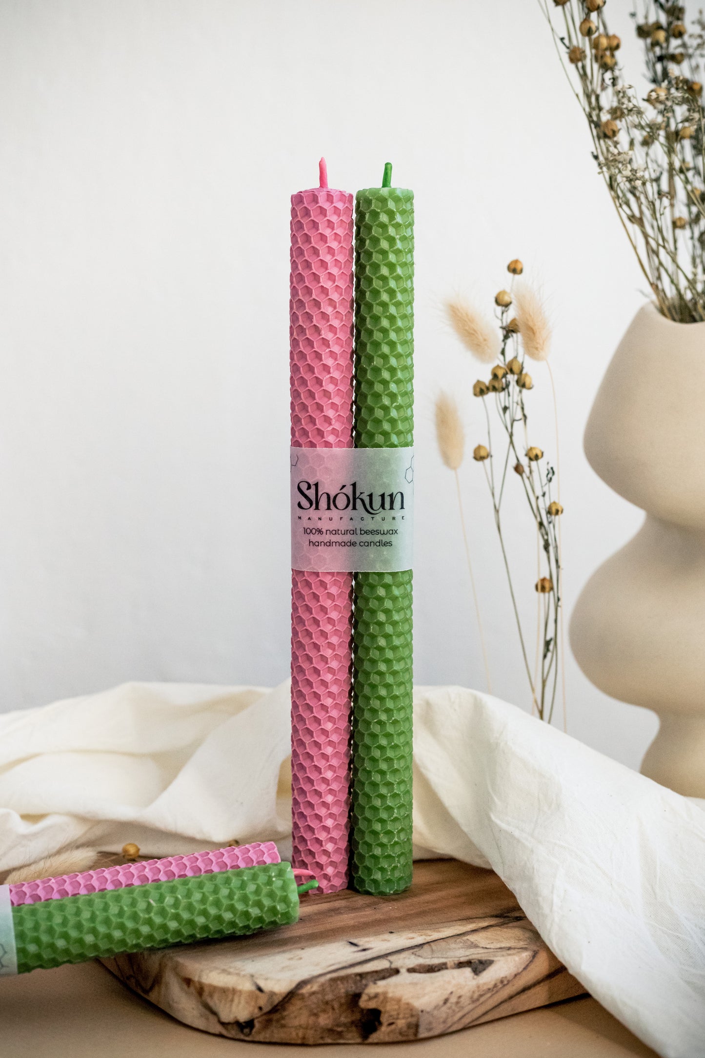 Olive Green&Pink Beeswax Rolled Taper Candles