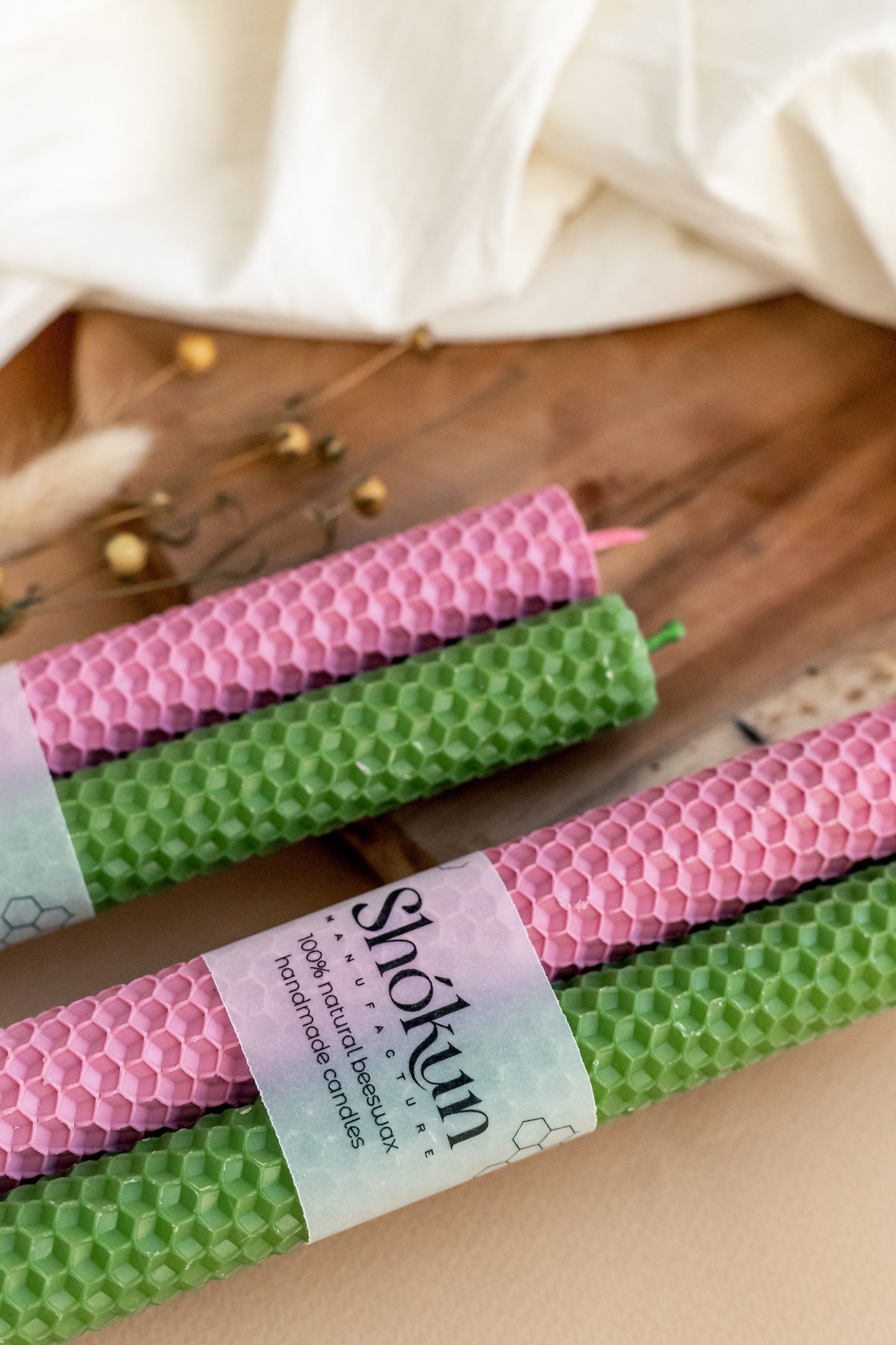 Olive Green&Pink Beeswax Rolled Taper Candles