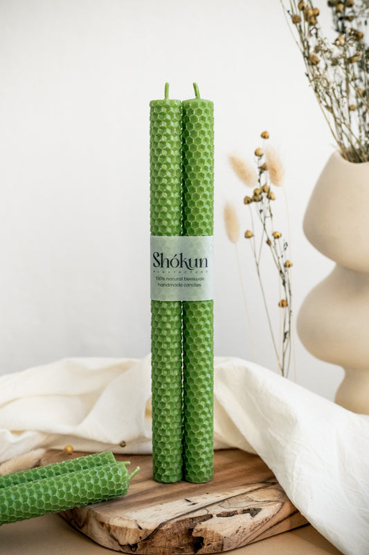 Olive Green Beeswax Rolled Taper Candles