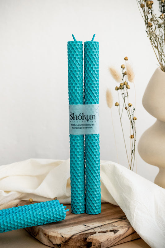 Turquoise Beeswax Rolled Taper Candles