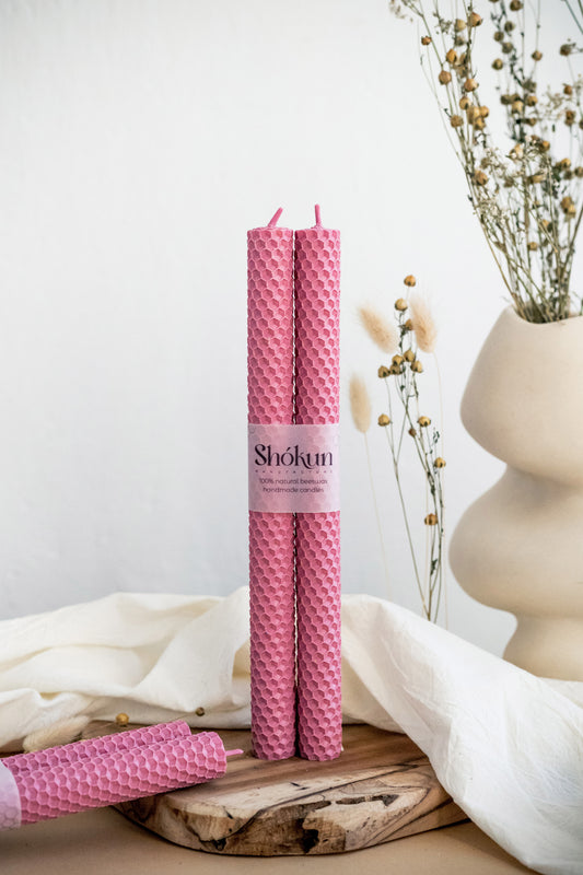 Pink Beeswax Rolled Taper Candles