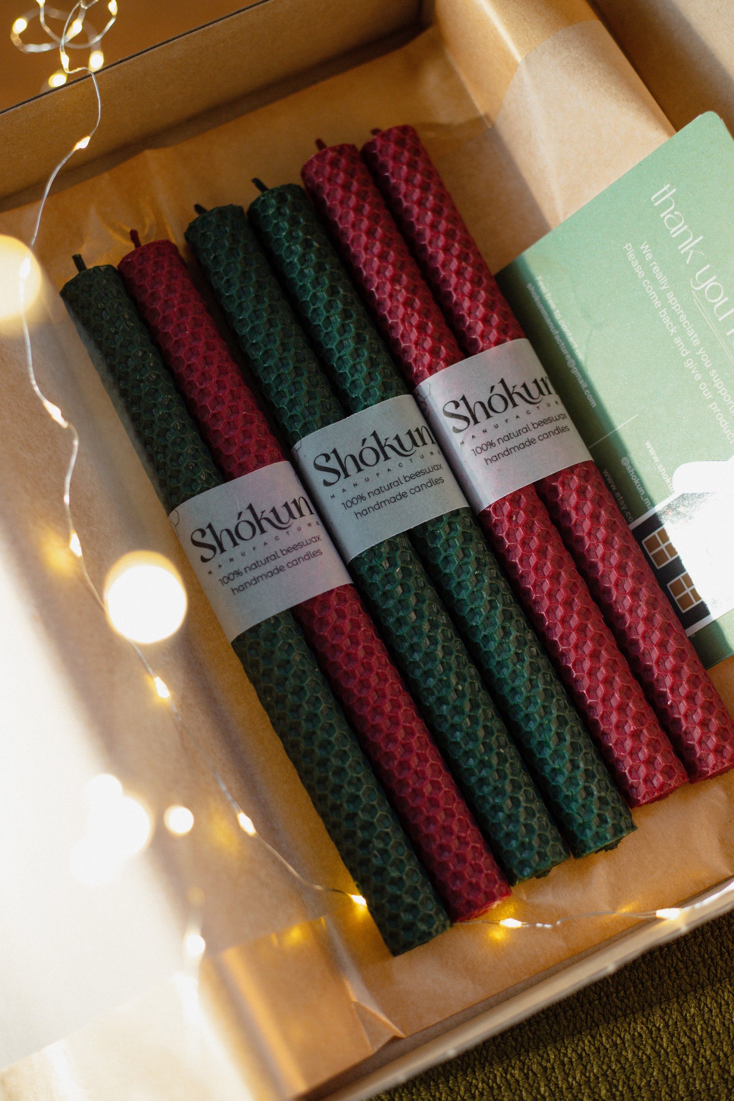 Green&Red Christmas Beeswax Rolled Taper Candles