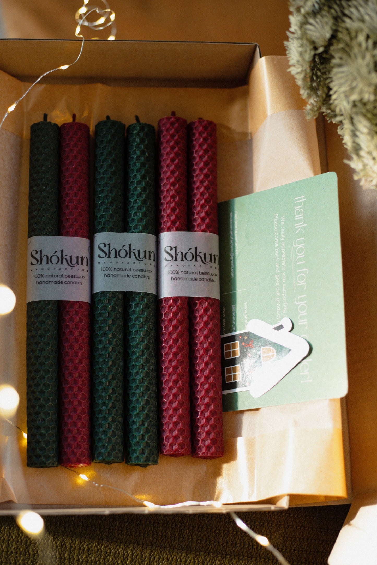 Green&Red Christmas Beeswax Rolled Taper Candles