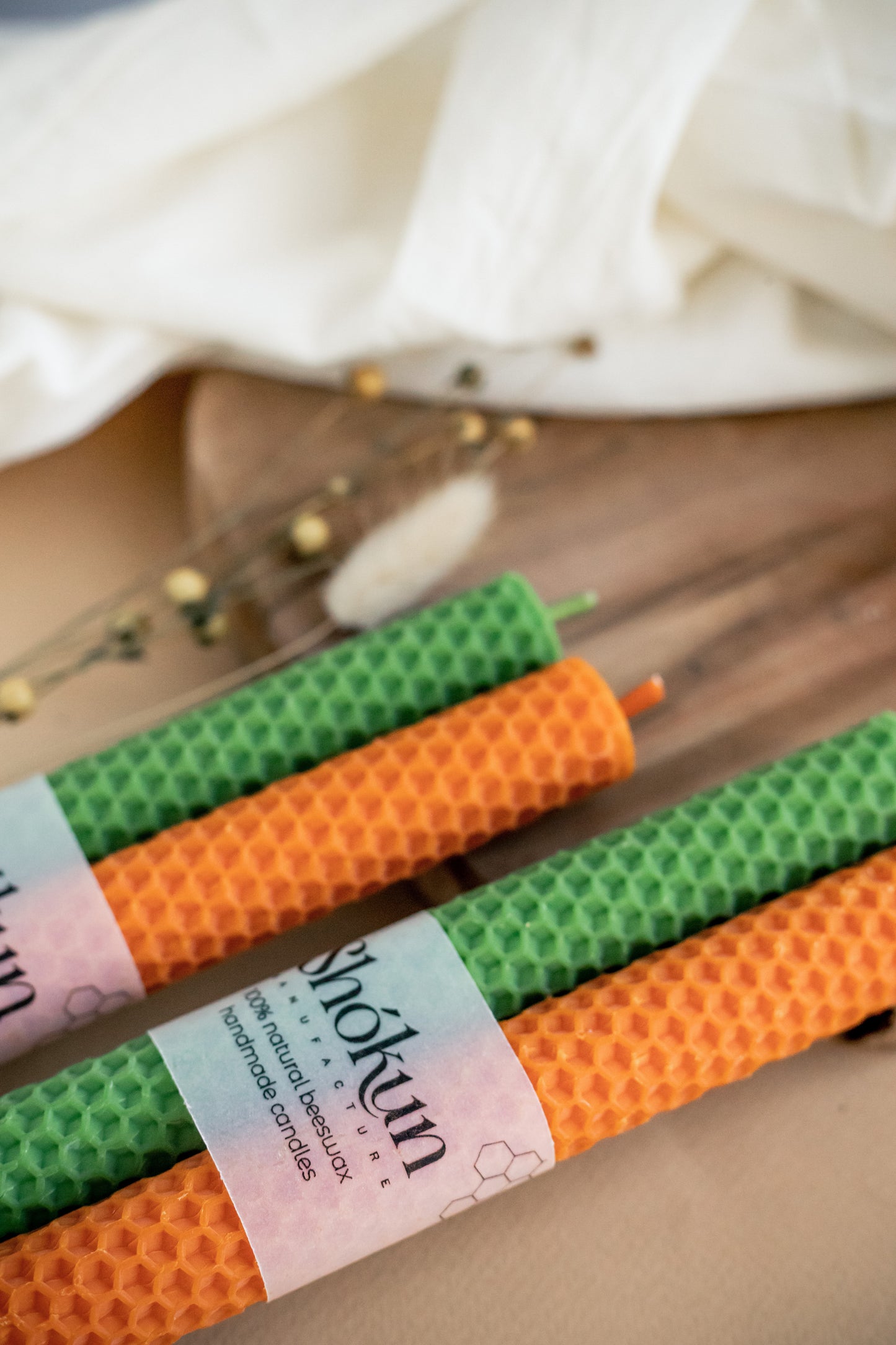 Orange & Green Beeswax Rolled Taper Candles